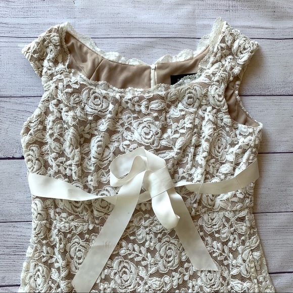 R&M Richards White w/ Tan Lining cocktail dress size Floral Lace Tie Belt Sz 12 - Picture 7 of 14